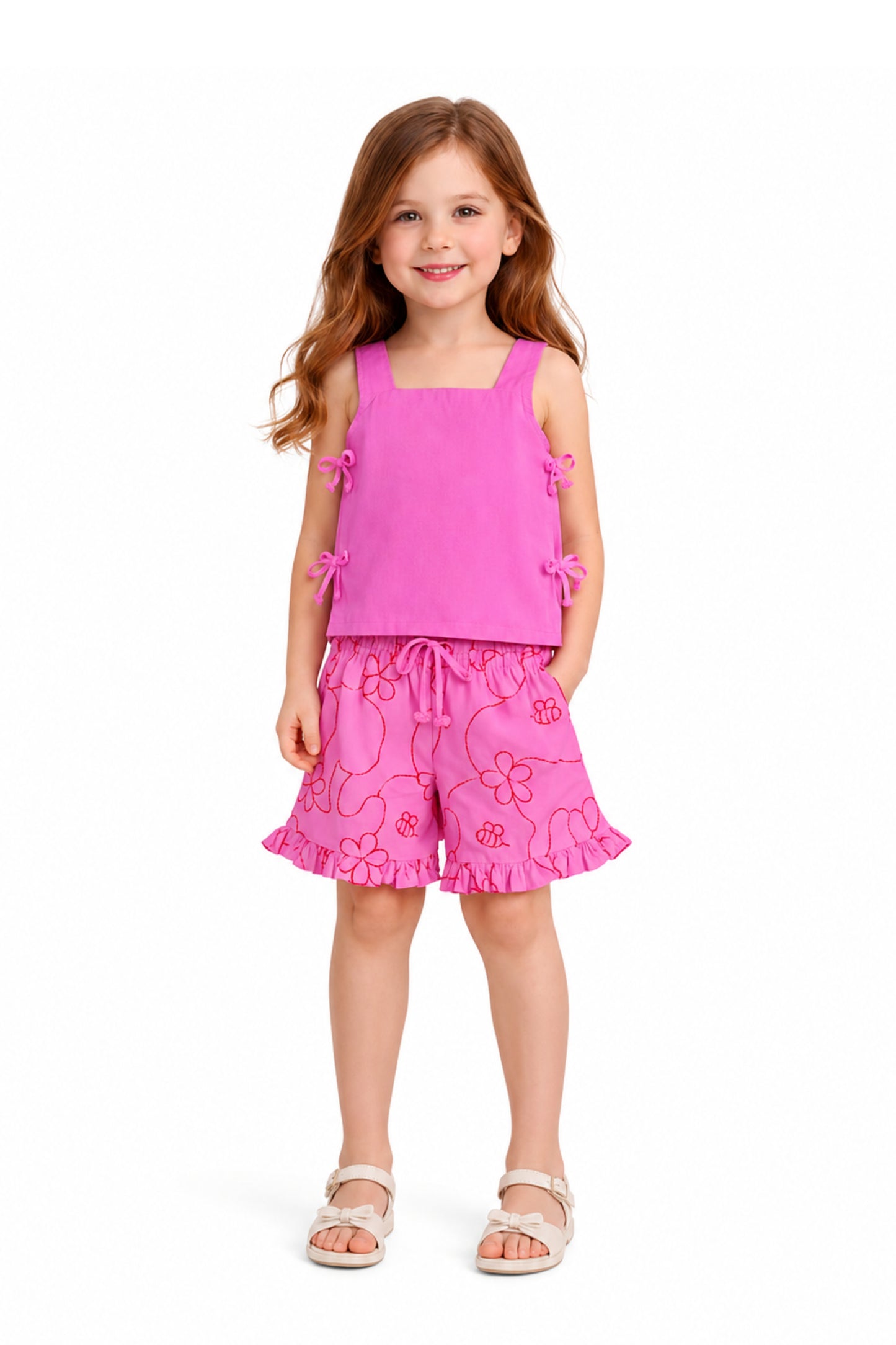 Pink Color Garden String Top & Shorts Set