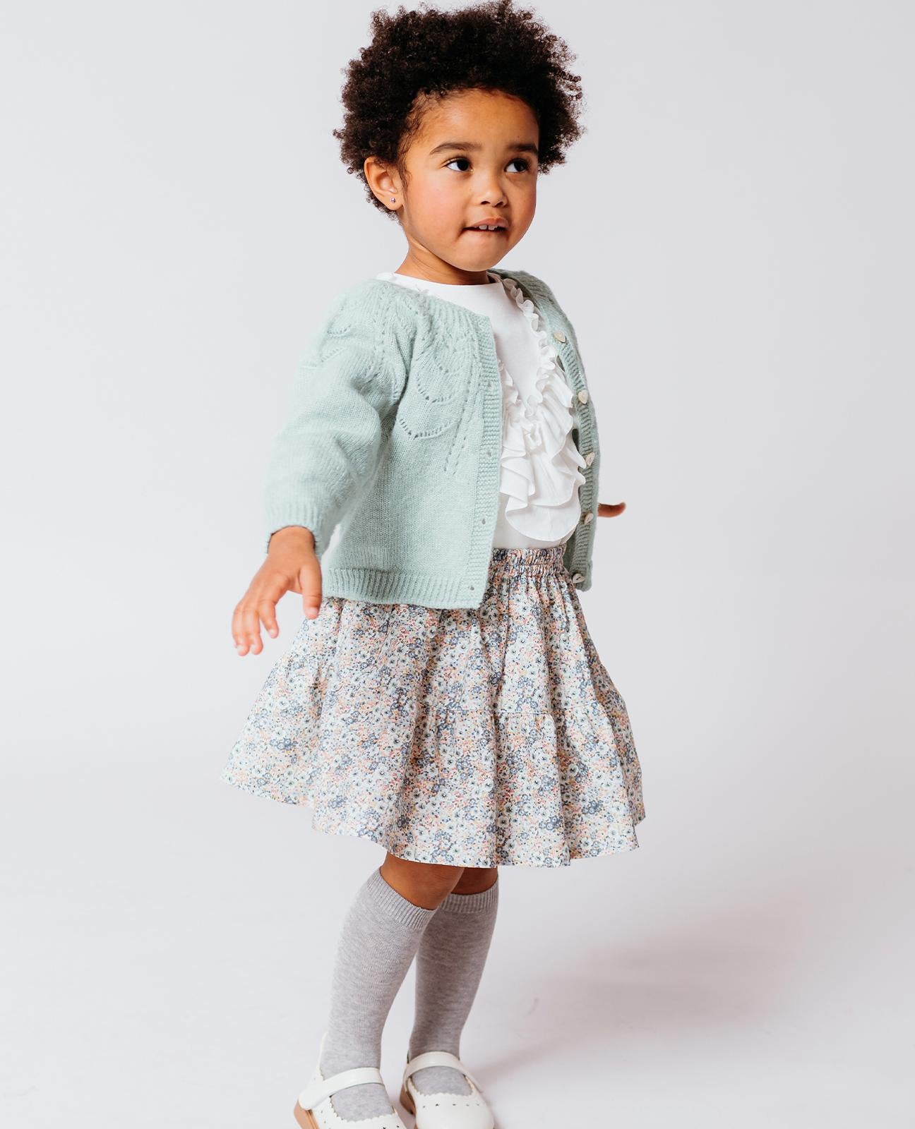 Green Floral Print Flannel Skirt with Elasticated Waist