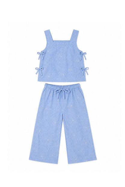 Blue Denim Color Jardín String Top & Pants Set