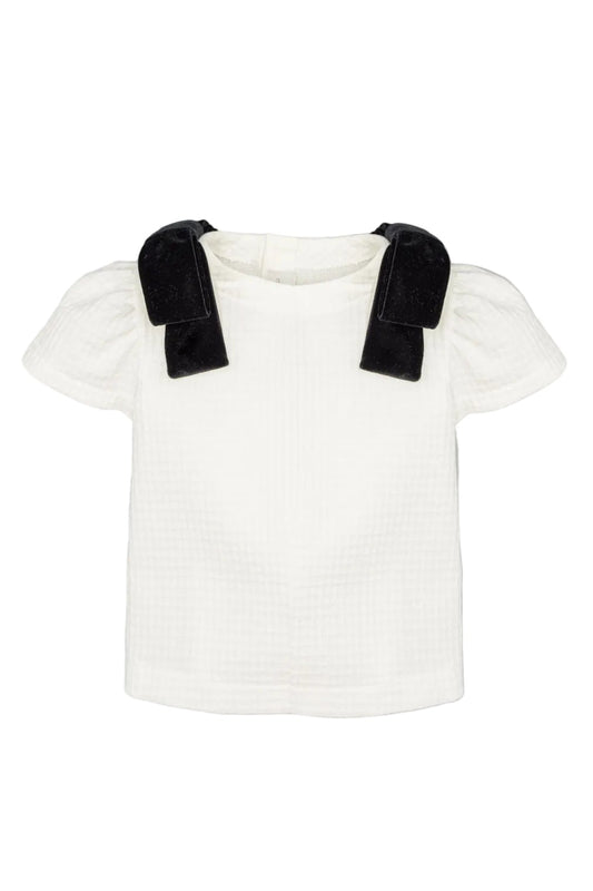 Camisa Blanca De Tejido Estructurado Con Lazos De Terciopelo Negro