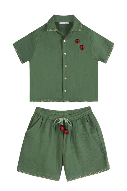 Dark Green Ladybird Shirt & Bermuda Shorts Set