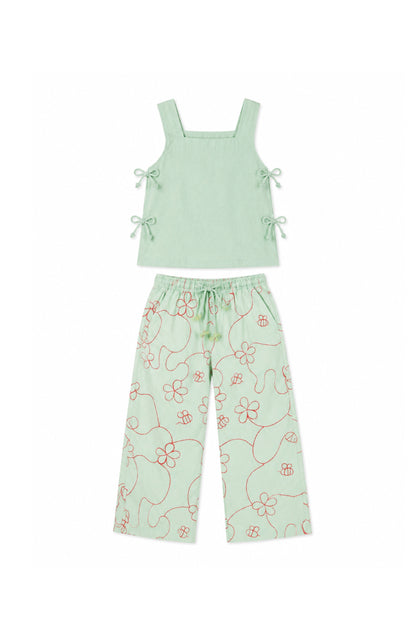 Green Color Jardín String Top & Pants Set
