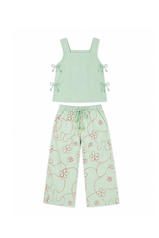 Green Color Jardín String Top & Pants Set