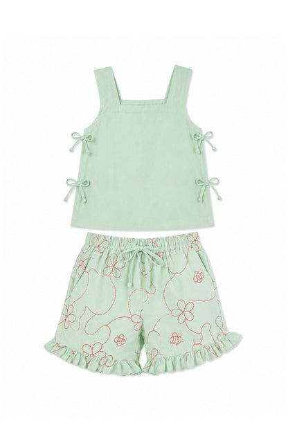 Green Color Jardín String Top & Shorts Set Ghost