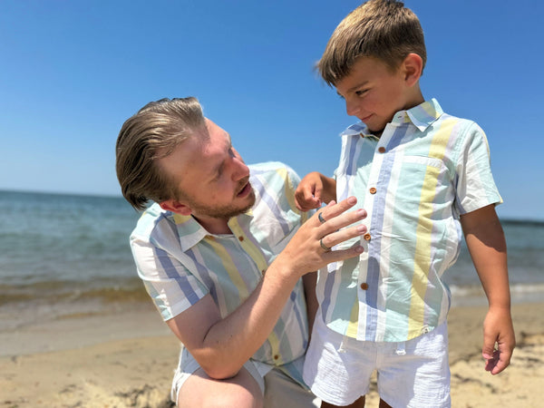 BLUE/YELLOW/WHITE WIDE STRIPE SHIRT