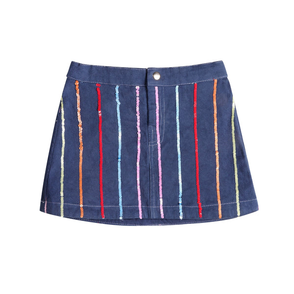 Navy Sequin Stripes Denim Skort