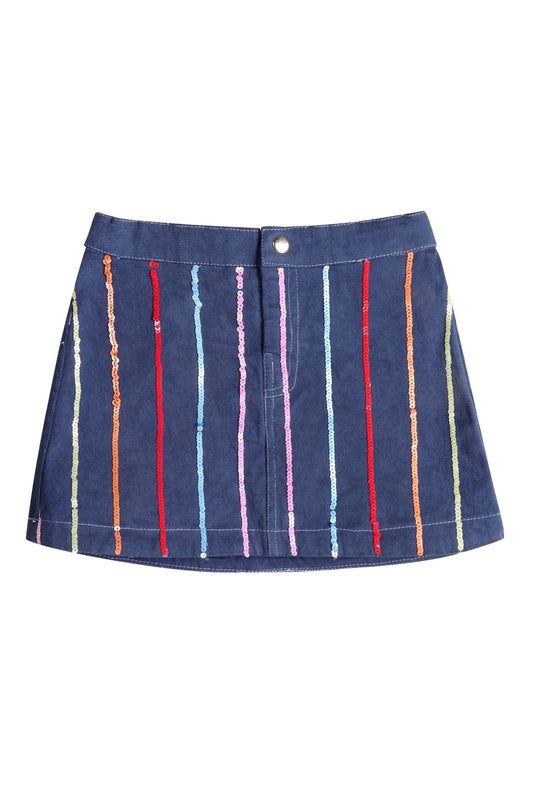 Navy Sequin Stripes Denim Skort