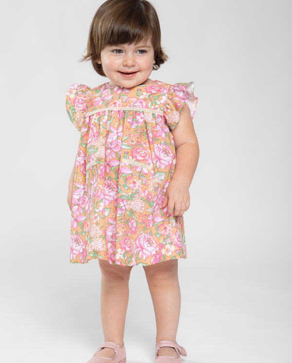 VESTIDO OCRE FLOR ROSA