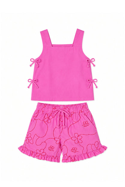 Pink Color Jardín String Top & Shorts Set