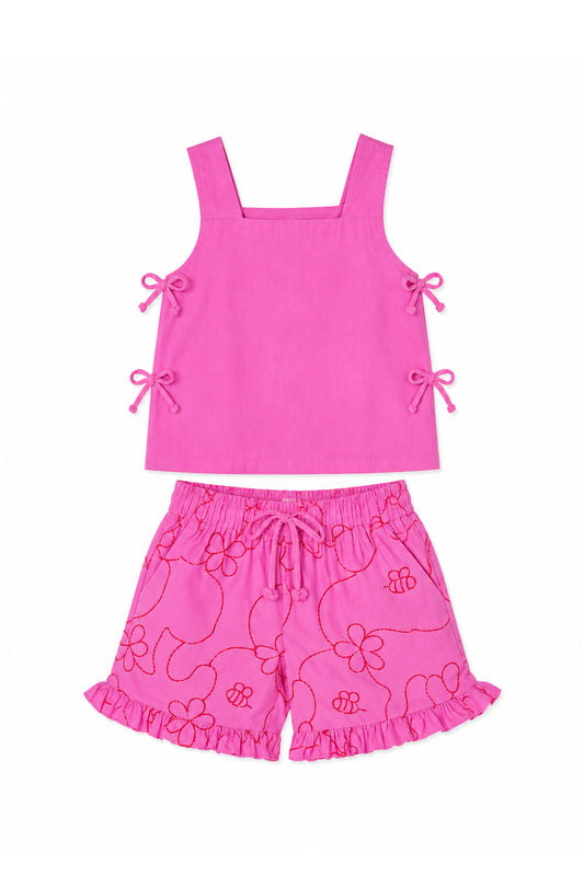 Pink Color Jardín String Top & Shorts Set