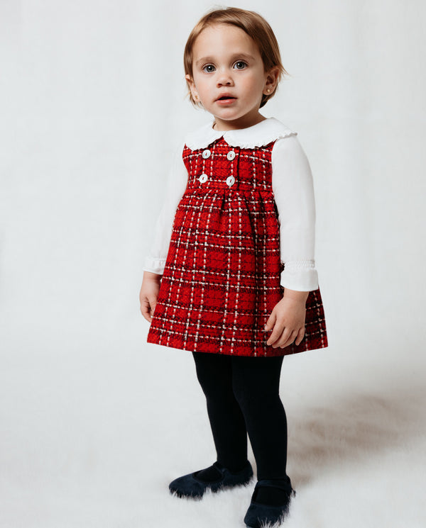 Vestido Pichi Rojo Con Cuadros, Cuello Y Mangas De Viella Blanca