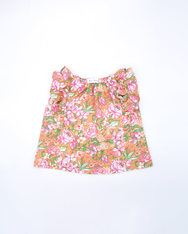 BLUSA OCRE FLOR ROSA