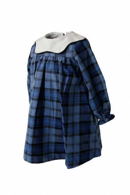 Vestido Cuadros Azules Con Cuello Nube Blanco
